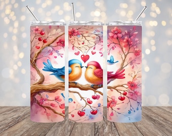 Lovebirds - Watercolor - 20oz Sublimation - Straight Tumbler Wrap - PNG Design - Digital Download