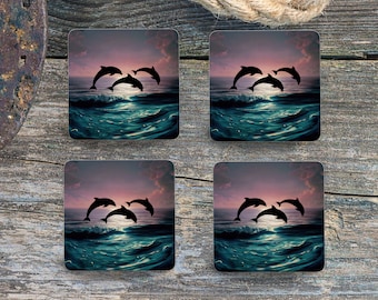 Sublimation Square Coasters - Jumping Dolphins - Set of 4 Coaster Design - PNG Download