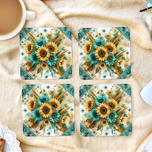 Sublimation Square Coasters -Teal and Yellow Sunflowers - Coaster Design - PNG Download