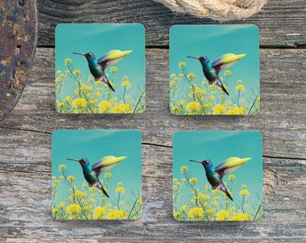 Sublimation Square Coasters - Hummingbird In Field Of gold - Set of 4 Coaster Design - PNG Download