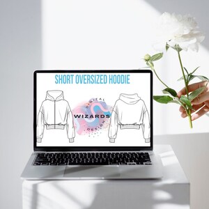 Oversized Short Vector Hoodie Technical Drawing Illustration Blank Streetwear Mock-up Template for Design and Tech Packs CAD