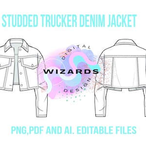 Puede incluir: Ilustración de línea de una chaqueta vaquera de camionero con dobladillo recortado. La chaqueta tiene cierre de botones, dos bolsillos y mangas largas. El texto "STUDDED TRUCKER DENIM JACKET" está en la parte superior de la imagen. El texto "DIGITAL WIZARDS DESIGN" está en el centro de la imagen. El texto "PNG, PDF AND AI. EDITABLE FILES" está en la parte inferior de la imagen.