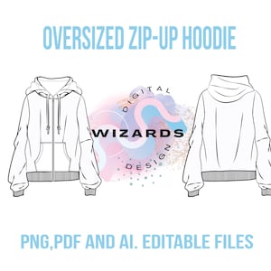 Oversized Zip-Up Hoodie Vector Mockup – Streetwear Fashion Tech Pack – Adobe Illustrator AI Digital File