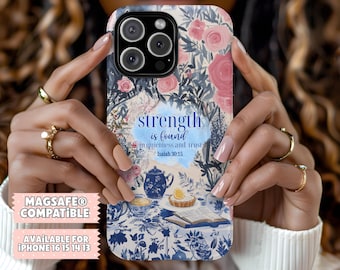 Strength Is Found In Quietness and Trust Isaiah 30:15 MagSafe Case Blue Toile Italian Spring Summer Coquette Aesthetic Pink Rose Bible Verse