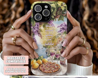 Blessed Is She Who Has Believed Luke 1:45, violet floral, Italy coastal town scenery, la dolce vita style, Bible verse MagSafe® Case