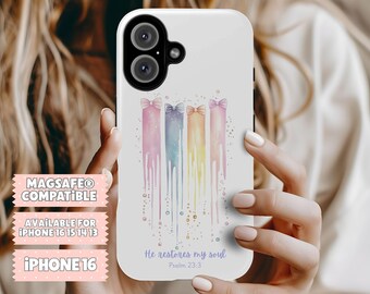 He Restores My Soul Psalm 23:3, Bible Verse Coquette Pastel Bow Paint Brush Christian Gift for Her iPhone 16 15 14 13 MagSafe Tough Case