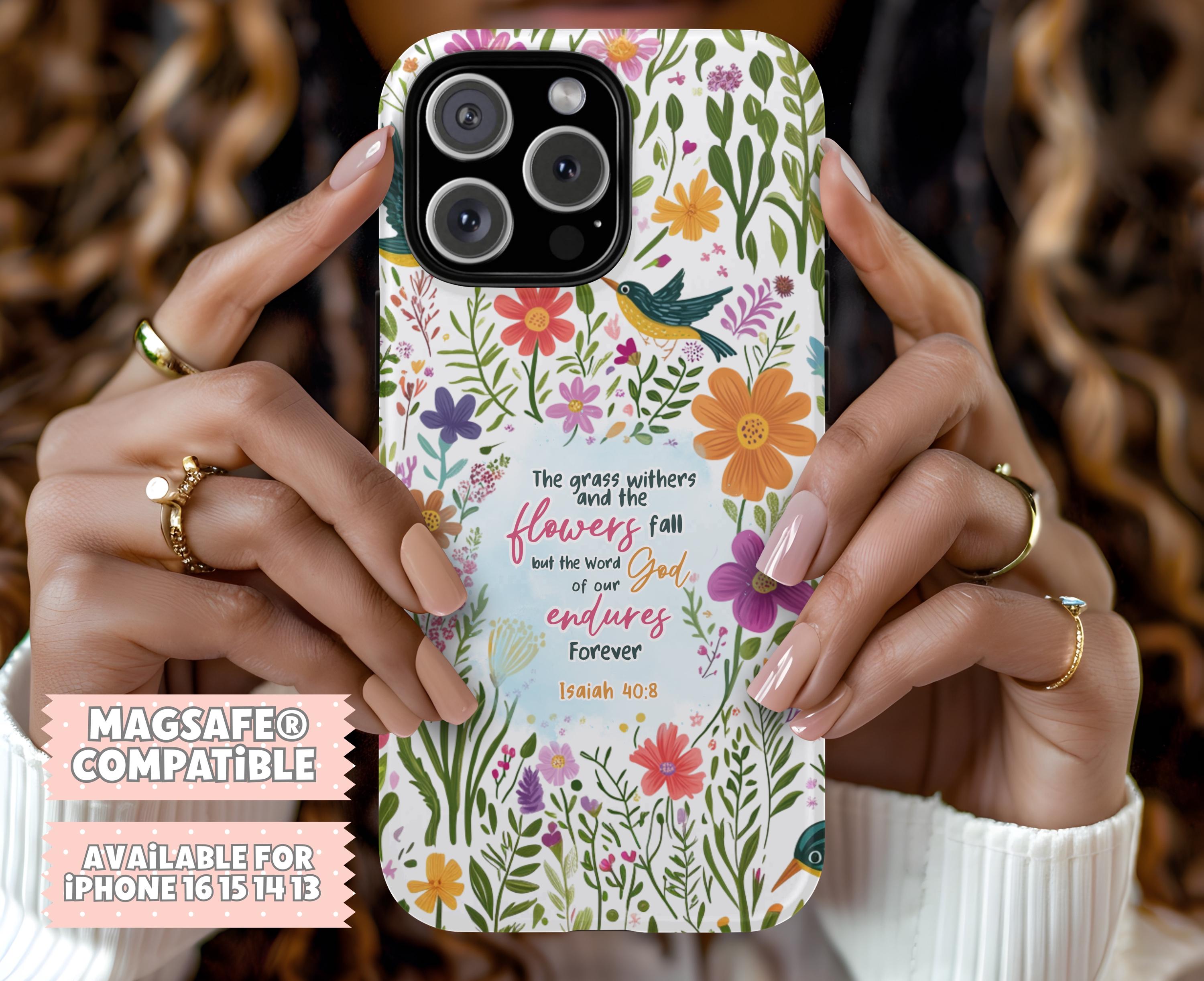 But The Word Of Our God Endures Forever Isaiah 40:8 iPhone 13 14 15 16 MagSafe Tough Magnetic Case, Wildflowers Phone Case Bible Verse Theme