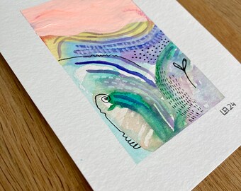 Watercolor and pastel on paper, mini picture, original small abstract art, colorful, handmade, paper 12x17cm2, picture 7x12cm2, modern art