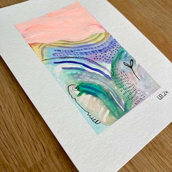 Aquarell und Pastell auf Papier, Minibild, Original kleine abstrakte Kunst, bunt, handmade, Papier 12x17cm2, Bild 7x12cm2, moderne Kunst