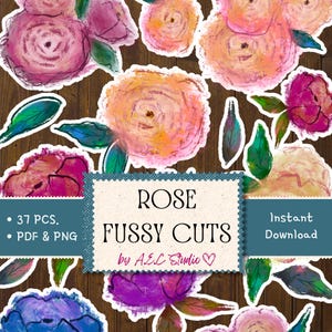 37 Rose Fussy Cuts | Botanical Floral for Junk Journaling | Printable Scrapbook Ephemera Clipart | Hand-Painted Rose Cutouts