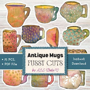 15 tazas de café antiguas con cortes elegantes, kit de efímeras para diarios basura, efímeras digitales, imprimibles para scrapbooking, imágenes prediseñadas de café, teteras originales