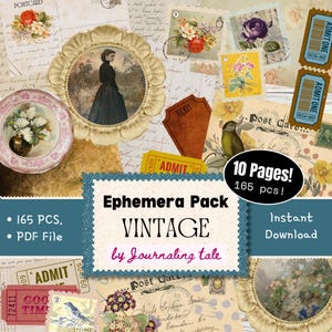 165 pc. Ephemera For Junk Journals, Vintage Ephemera Pack, Ephemera Bundle, Old Papers, Postcards, Letters, Faux Stamps, Scrapbook Kit