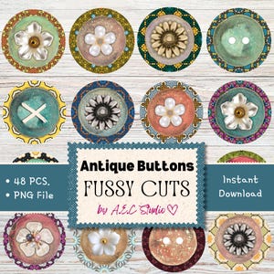 48 st. Antiek kortstondige knop, ongewenste journaling-illustraties, vintage knopen, mix van kleuren, afdrukbare kortstondige gebeurtenissen, kieskeurig gesneden elementen van ongewenste dagboeken