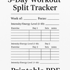 May include: A printable PDF workout tracker with the text "Mind-Body Blueprint 3-Day Workout Split Tracker." The document includes sections for exercise logging, intensity levels, and focus areas. It is designed for strength training.