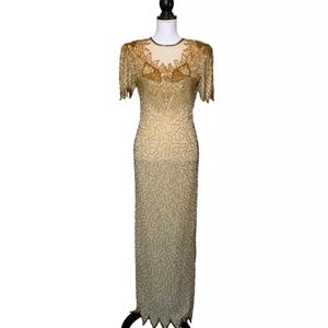 Vintage Scala 80s Gold Beaded Sequin Maxi Dress Ball Gown Size XS 1920s Revival