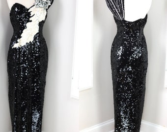 Sz Medium One shoulder Vintage Sequin Gown