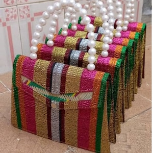 Aso Oke Rainbow Handbag with Pearls & Dried Water Hyacinth