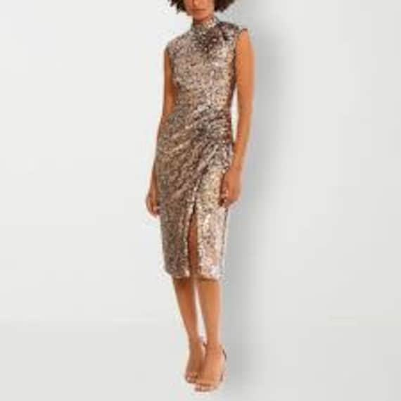 golden dress earrings Baltic Born Womens Eclipse Sequin Midi Dress | Black + Gold main image 0