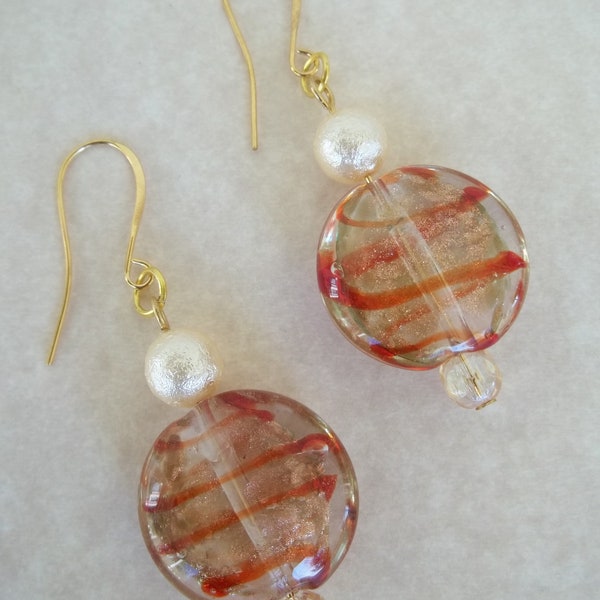 Orange swirl glass dangle earrings, caramel, classic