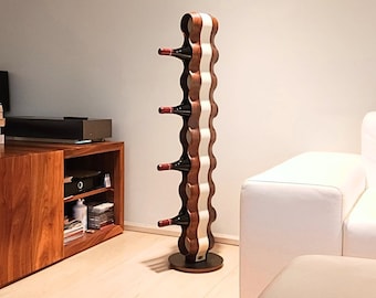 Wine rack made of natural wood and high quality faux leather, handmade, leather insert, stylish storage