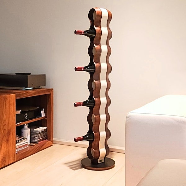 Wine rack made of natural wood and high quality faux leather, handmade, leather insert, stylish storage