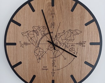 Wooden solid oak wall clock with a world map pattern