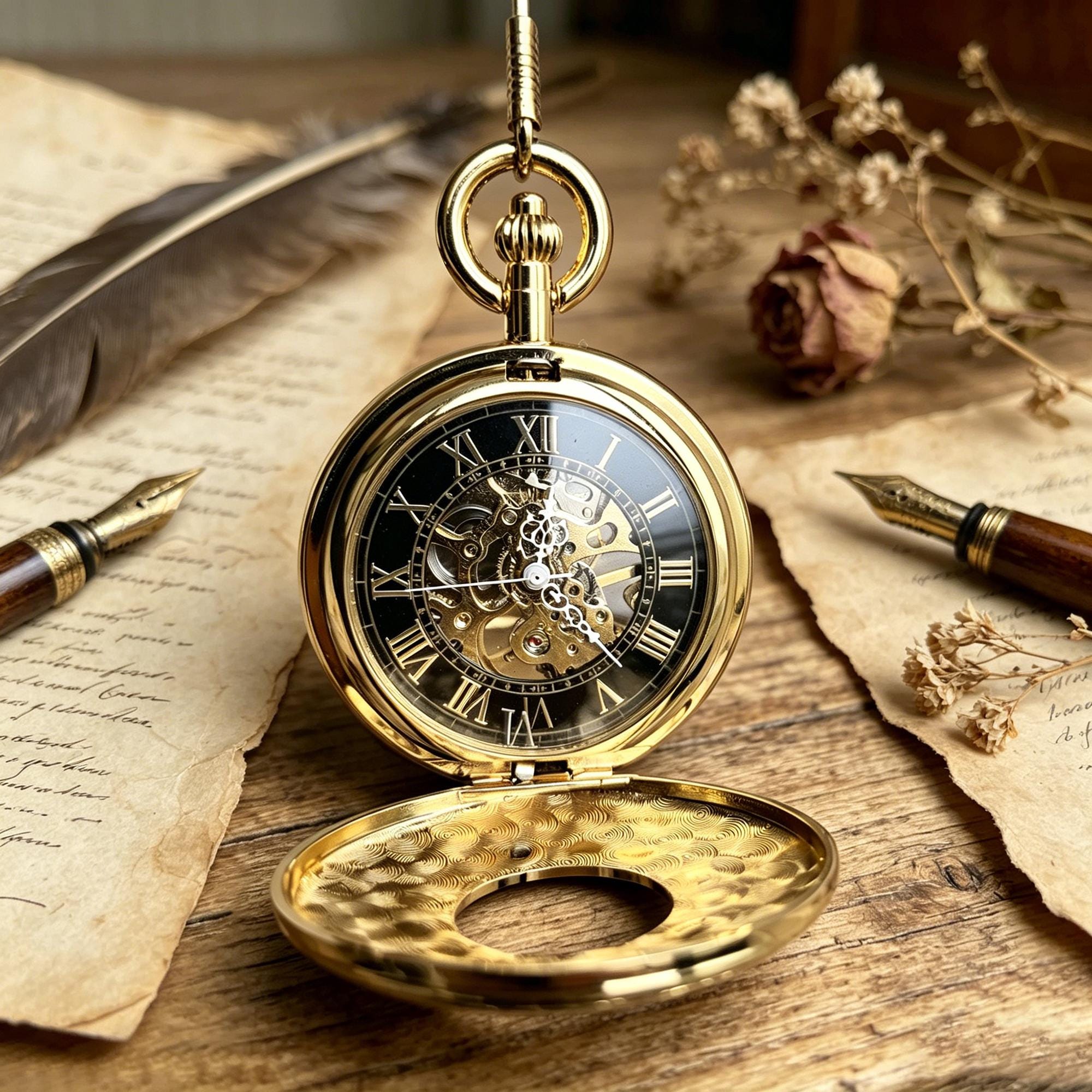 Personalized Skeleton Pocket Watch, Engraved Golden Double Cover ...
