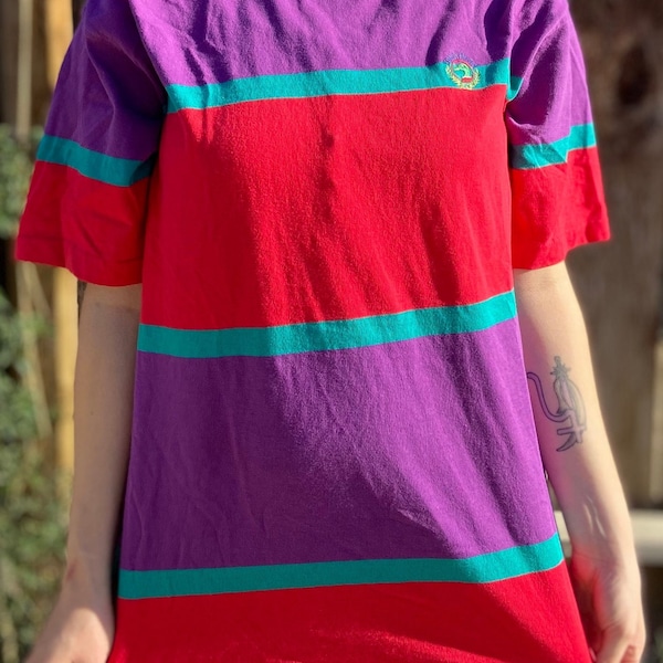 VTG 90s Duckhead Striped colorblock Red Purple Green T shirt