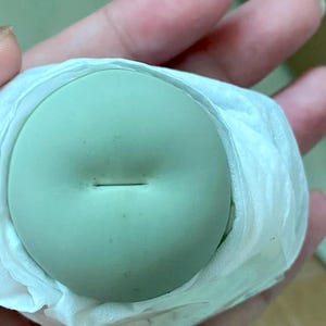 May include: A light green, round, ceramic planter with a small hole in the center. The planter is wrapped in white tissue paper.