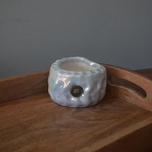 May include: A white ceramic planter with an iridescent glaze and a textured surface. The planter is sitting on a wooden tray with a handle.