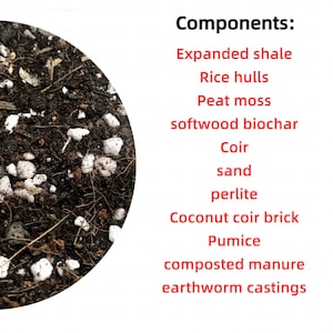 May include: Close-up of a soil mix for plants, featuring expanded shale, rice hulls, peat moss, softwood biochar, coir, sand, perlite, coconut coir brick, pumice, composted manure, and earthworm castings.