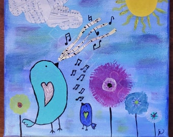 Blue Birds Singing Sheet Music Acrylic Paint Mixed Media