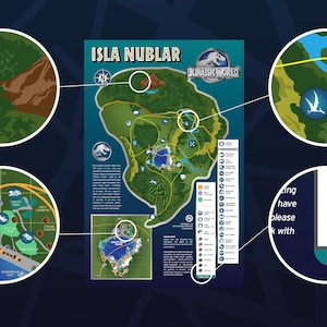 May include: A map of Isla Nublar, a fictional island home to a dinosaur theme park called Jurassic World. The map shows the park's layout, including attractions, restaurants, and restrooms. The map also includes a legend with symbols for different types of dinosaurs. The map is surrounded by a blue border with the words "Isla Nublar" and "Jurassic World" in white text.