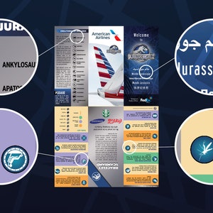 May include: A folded brochure with a blue background and a picture of an aeroplane with the American Airlines logo. The brochure is advertising a trip to Jurassic World. The text on the brochure says "Welcome to Jurassic World" and "Mundo Jur&aacute;ssico".