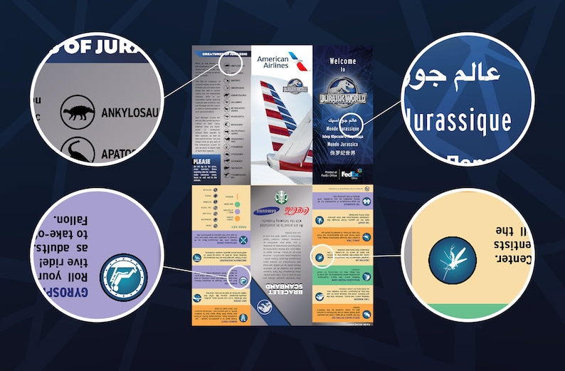 May include: A folded brochure with a blue background and a picture of an aeroplane with the American Airlines logo. The brochure is advertising a trip to Jurassic World. The text on the brochure says "Welcome to Jurassic World" and "Mundo Jur&aacute;ssico".