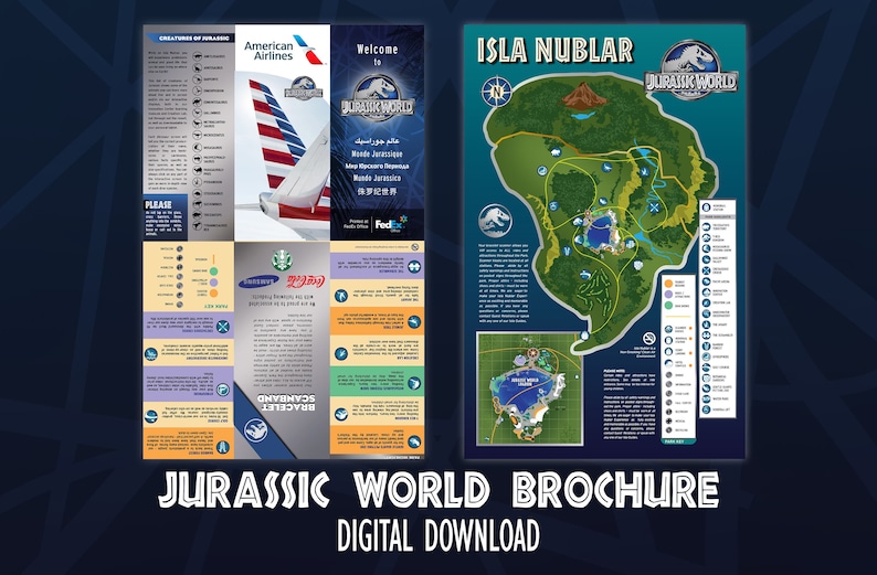 May include: A Jurassic World brochure featuring a map of Isla Nublar, showcasing various dinosaur attractions and a welcome message. The brochure also includes details about the park's facilities and transport options.