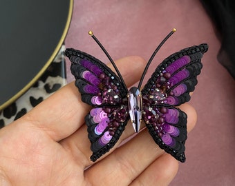 Handmade Butterfly , Violet Butterfly Brooch , Beaded Jewelry, Crafted Purple Insect, Embroidered Gift , Gift For Women , Anniversary Gifts