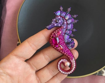 Colorful seahorse brooch, handmade brooch, Purple pink seahorse jewelry, sea animal jewellry, Christmas gifts, embroidery gift, unique pin