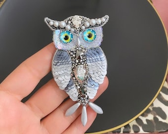 Handmade Owl Brooch, Gift For Her, Unique Gift, Exclusive Silver Pin, Customized Jewellry, Bird Lapel Pin, Handcrafted, Embroidered Jewelry