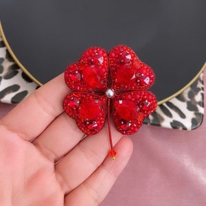 Beaded Clover Brooch, Red Clover Pin, 4 Leaf Clover Jewelry, Customized Jewel Gift, Embroidered Crystal Clover, Crafted For Good Luck Brooch