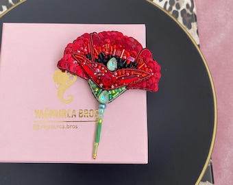 Embroidered Poppy Brooch, Red Rose Lapel, Gift For Mom, Personalize Accessory, Customized Design, 3D Flower Jewelry, Handmade Crystal Beaded