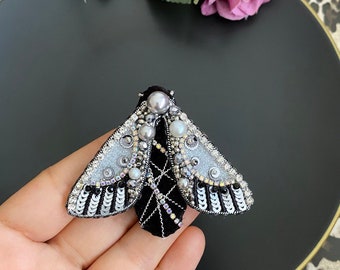 Handmade Butterfly Brooch,Customized Gift Jewelry,Silver Moth Accessory,Crystal Gift For Christmas,Embroidered Black Bug,Personalized Pin