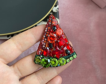 Handmade Beaded Watermelon Brooch: Crystal Embroidered Fruit Pin