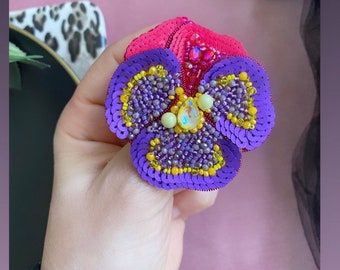 Handmade Pansy Brooch,Handmade Lilac Flower Brooch,Beaded Pink,Gift For Her,Embroidered Pansy Jewelry Jewellry,Fuchsia Brooch,3D Flower