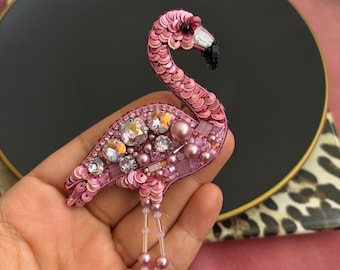 Handmade Beaded Flamingo Brooch, Pink Jewel Pin