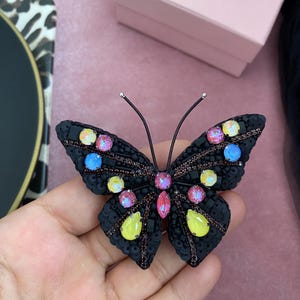 Handmade Black Butterfly Brooch: Colorful Embroidered Insect Pin