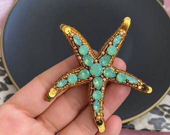 Unique Design Gift, Gold Seastar Pin, Colorful Starfish Brooch,Customized Jewellry,Exclusive Beaded Crystal Pin,Lapel Pin,Handmade Giftboxed