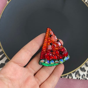 Watermelon Brooch, Handmade Fruit Jewelry, Colorful Fruit Jewel, Customized Gift Pin, Beaded Red Watermelon, Embroidered Brooch, Crystal Pin