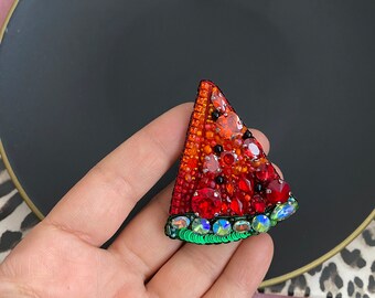 Watermelon Brooch, Handmade Fruit Jewelry, Colorful Fruit Jewel, Customized Gift Pin, Beaded Red Watermelon, Embroidered Brooch, Crystal Pin