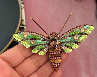 Handmade Green Monarch Butterfly Brooch, Beaded Insect Pin